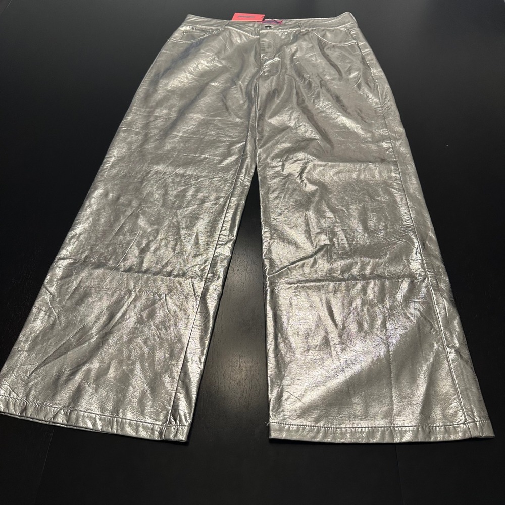 Edikted Kim Metallic Faux Leather Pants Womens Size Large Silver Wide Leg New